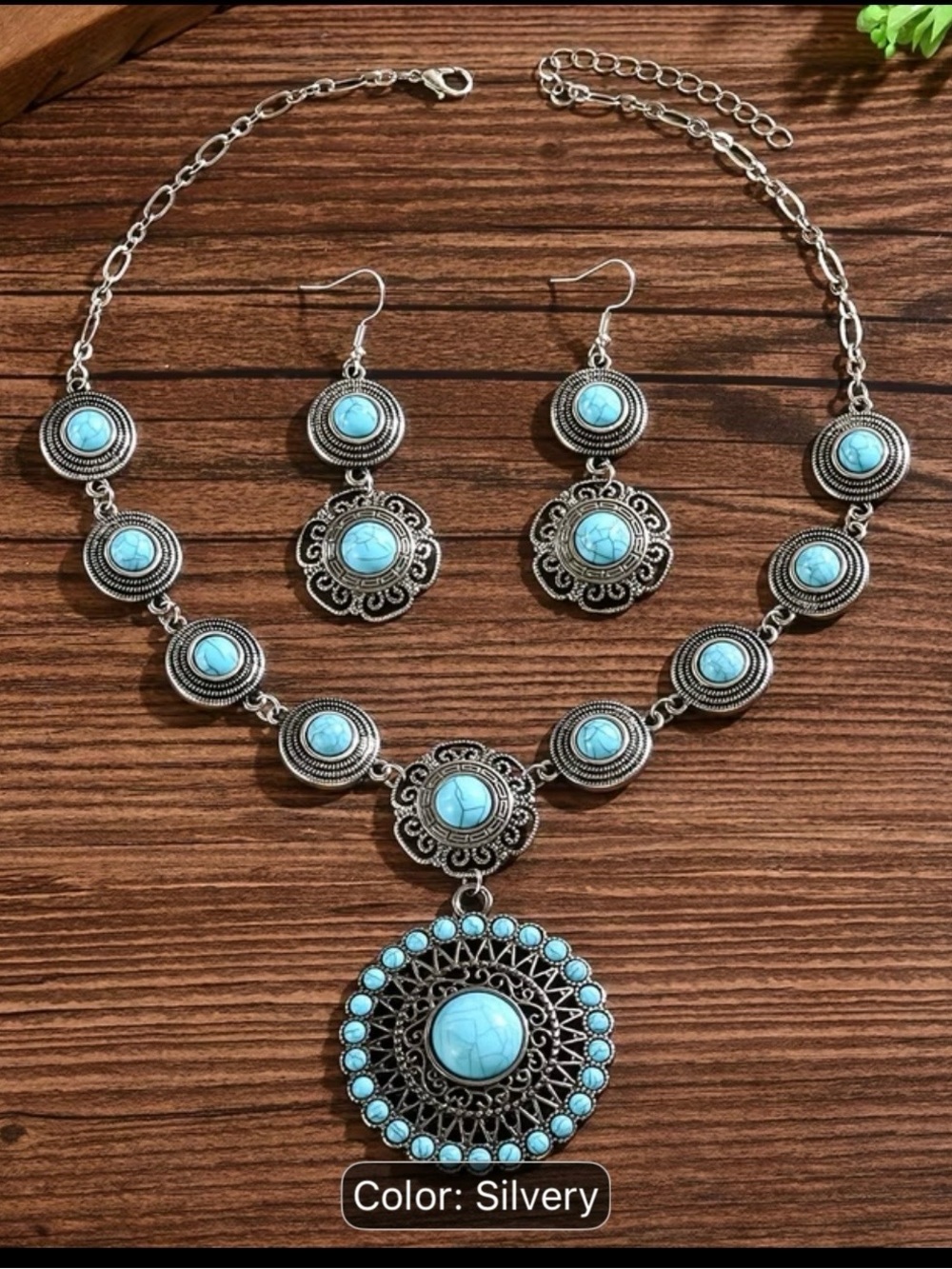 Fashion Jewelry Turquoise and Silver-Tone Round Pendant Necklace & Earrings Set - Picture 2 of 4